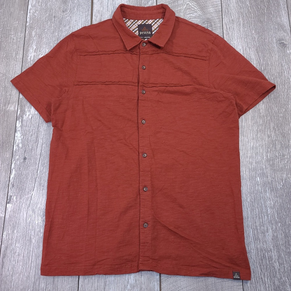 Prana Button Front Shirt Mens Large Rust Orange Organic Cotton Short Sleeve Slub